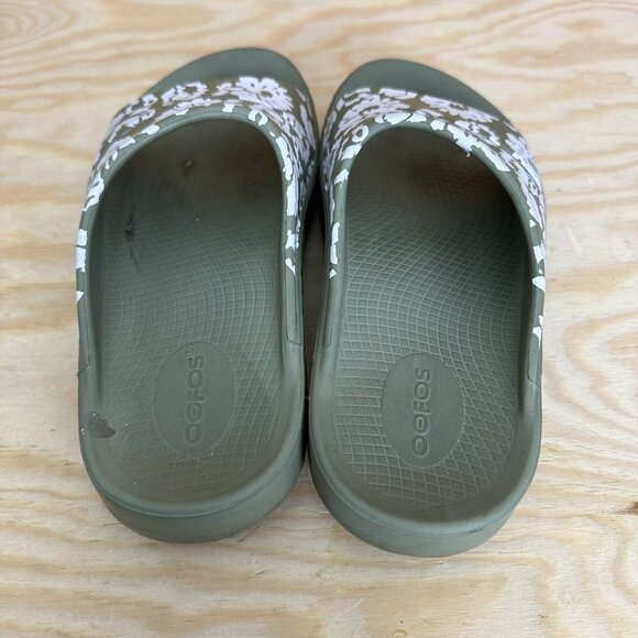 OOFOS Ooahh Olive Green & White Floral Slides / Sandals - Picture 4 of 5